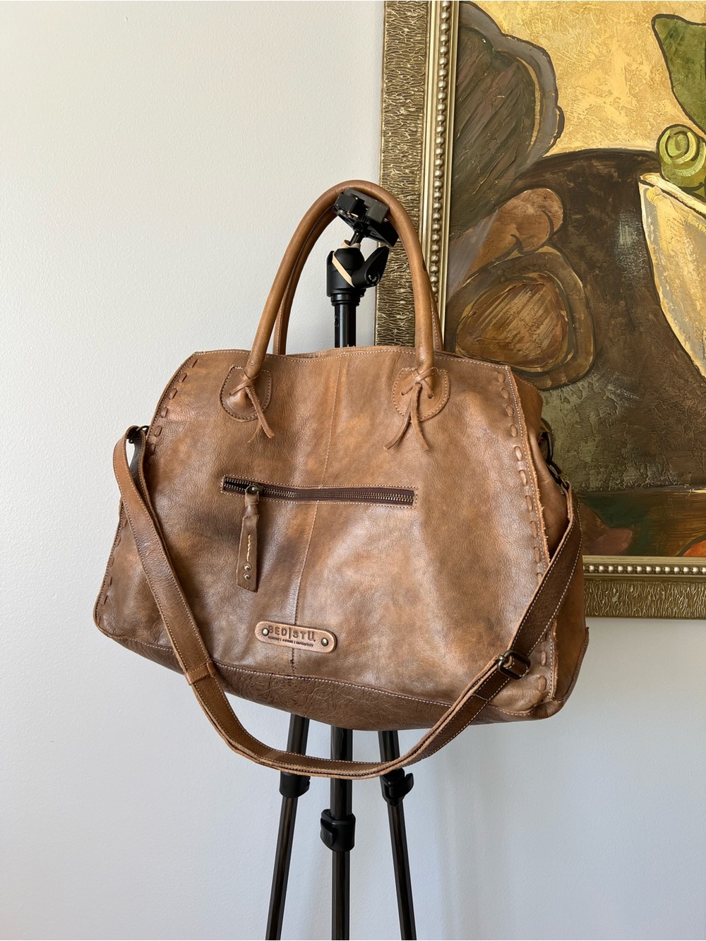 Bed Stu Tan Brown Rustic Rockaway Leather Satchel Purse Tote Bag Handbag